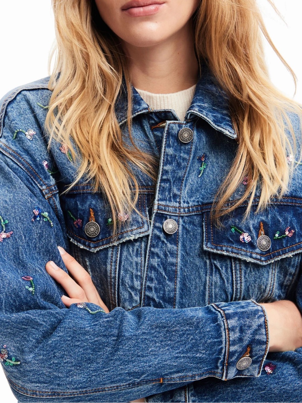 Oversized Desigual Blue Denim Jacket with Multicolor Floral Embroidery